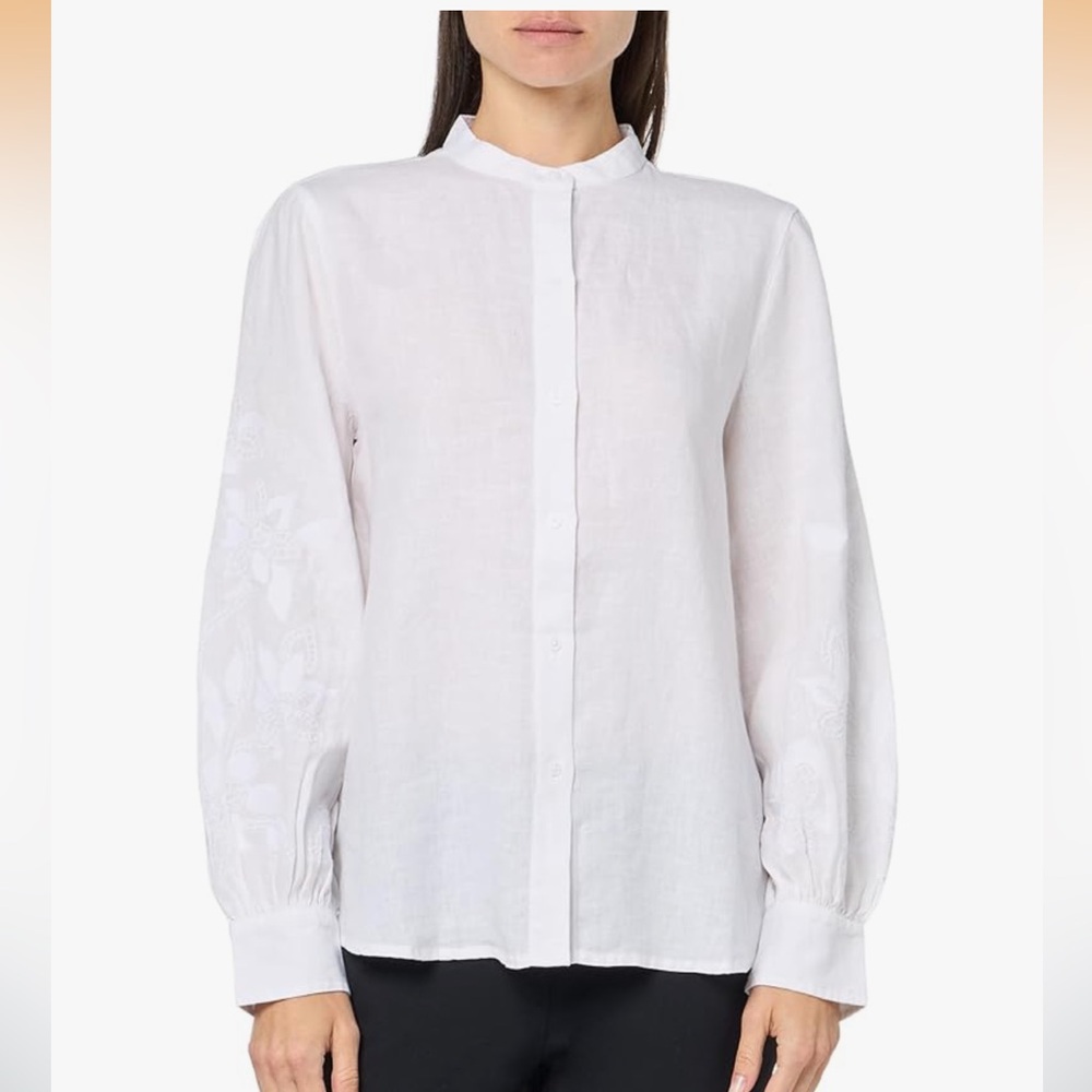 Club Monaco Linen Embroidered Blouson Sleeve Top XS White Minimalist Romantic - Picture 2 of 10